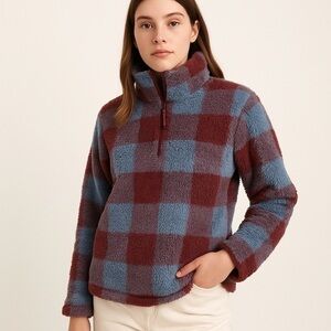 Eddie Bauer 1/4 Zip Pullover Burgundy and Blue Checkered Fleece Jacket Medium